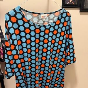 LuLaRoe Women's Blue & Orange Hexagon Short Sleeve Tee